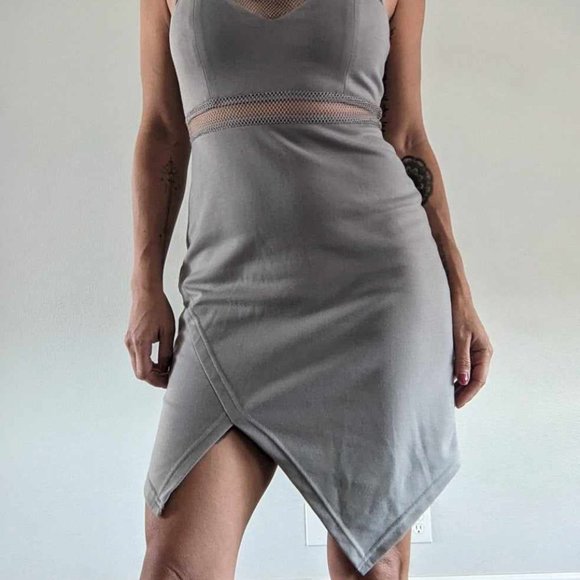 Grey mini dress with mesh and asymmetrical hem. S - Picture 4 of 9